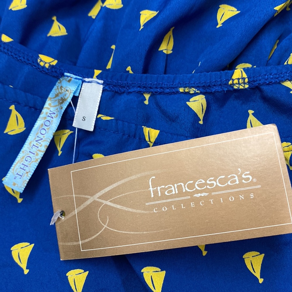 NWT Francesca’s Collection One Shoulder Yellow Sailboat Small Blue Dress - Picture 10 of 10